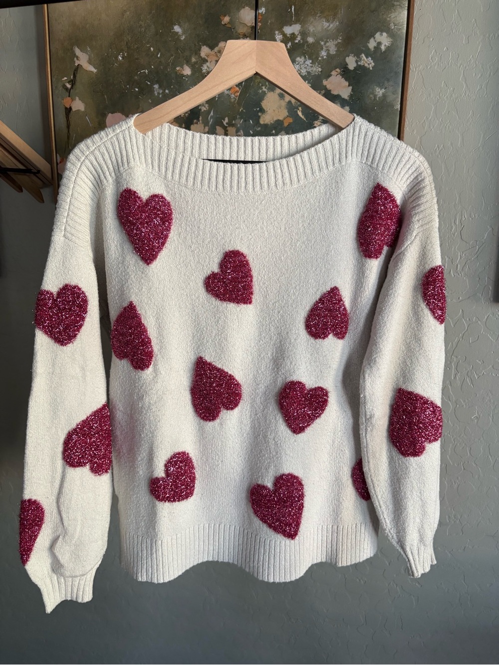 LOFT Cream Crewneck Sweater with Fuchsia Glitter Heart Accents